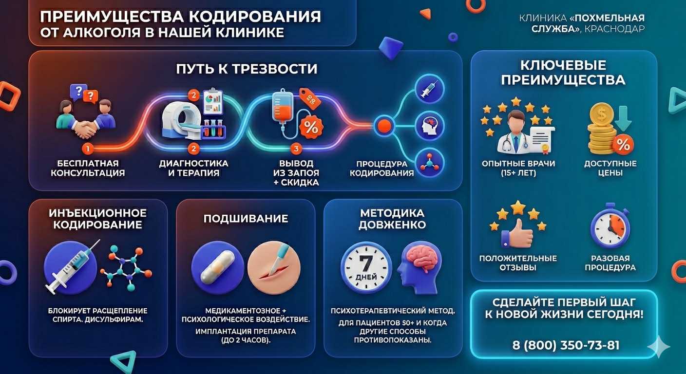 Инфографика о методах кодирования от алкоголя в Стерлитамаке: инъекции, подшивание, метод Довженко. Преимущества клиники и этапы лечения.